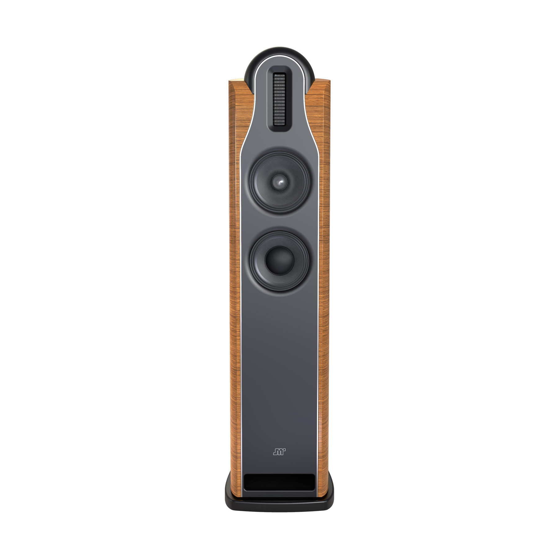 Enceinte colonne JMR AURALIS vue de face avec façade noire et contre-façade en aluminium massif